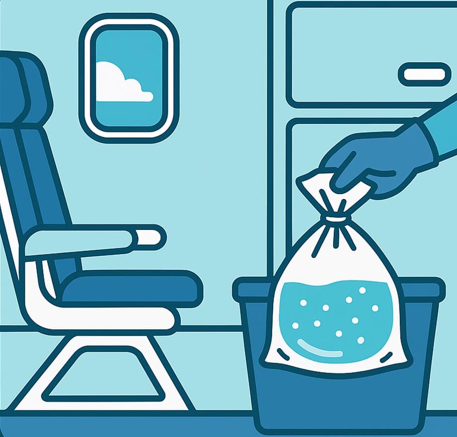 SAP product solidifying liquid waste in airplane cabin floor during service