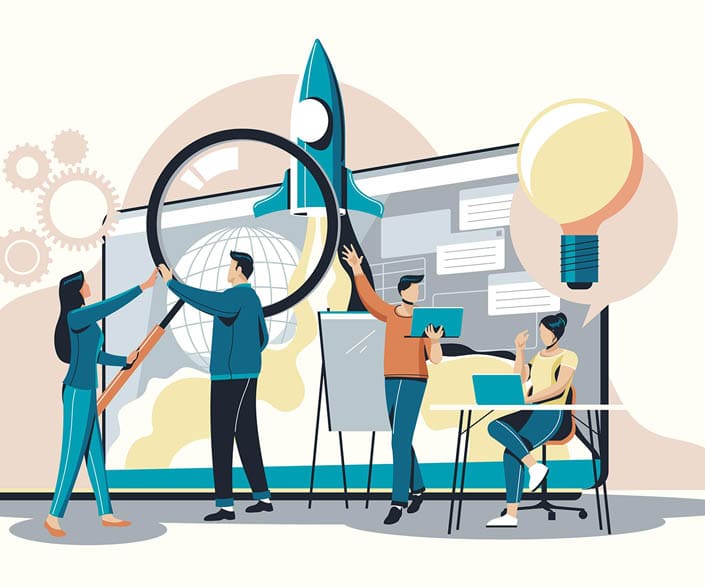 Araştırma ve geliştirme çalışması yapan ekip vektörel çizim